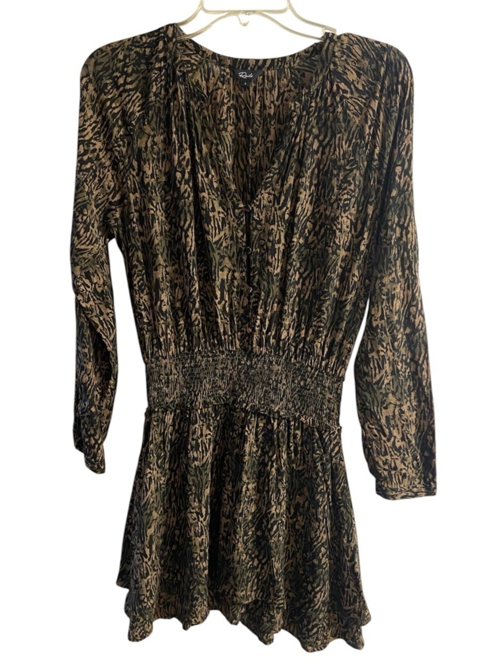 Rails Olive Print V-Neck Smocked Mini Dress Small - Picture 2 of 8
